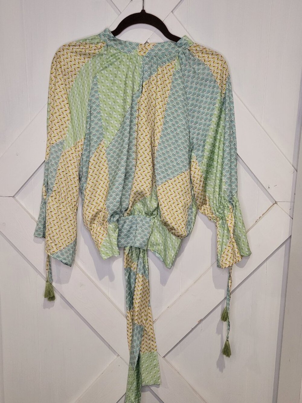 BTFL-life Green Geometric Patchwork Open Back Tie Blouse Women's